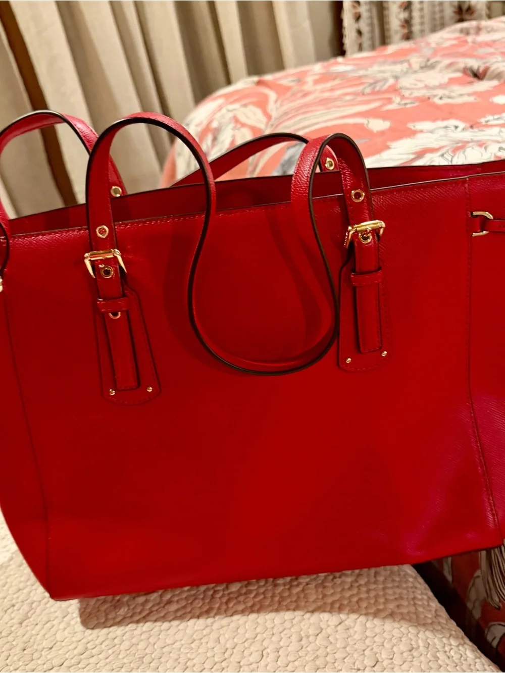 Michael Kors Bright Red Saffiano Leather Tote with Gold Hardware